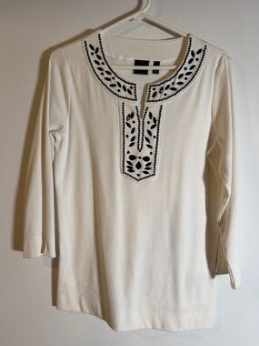 Rafaella Cream Long-Sleeve Scoop Neck Top with Black Embroidery